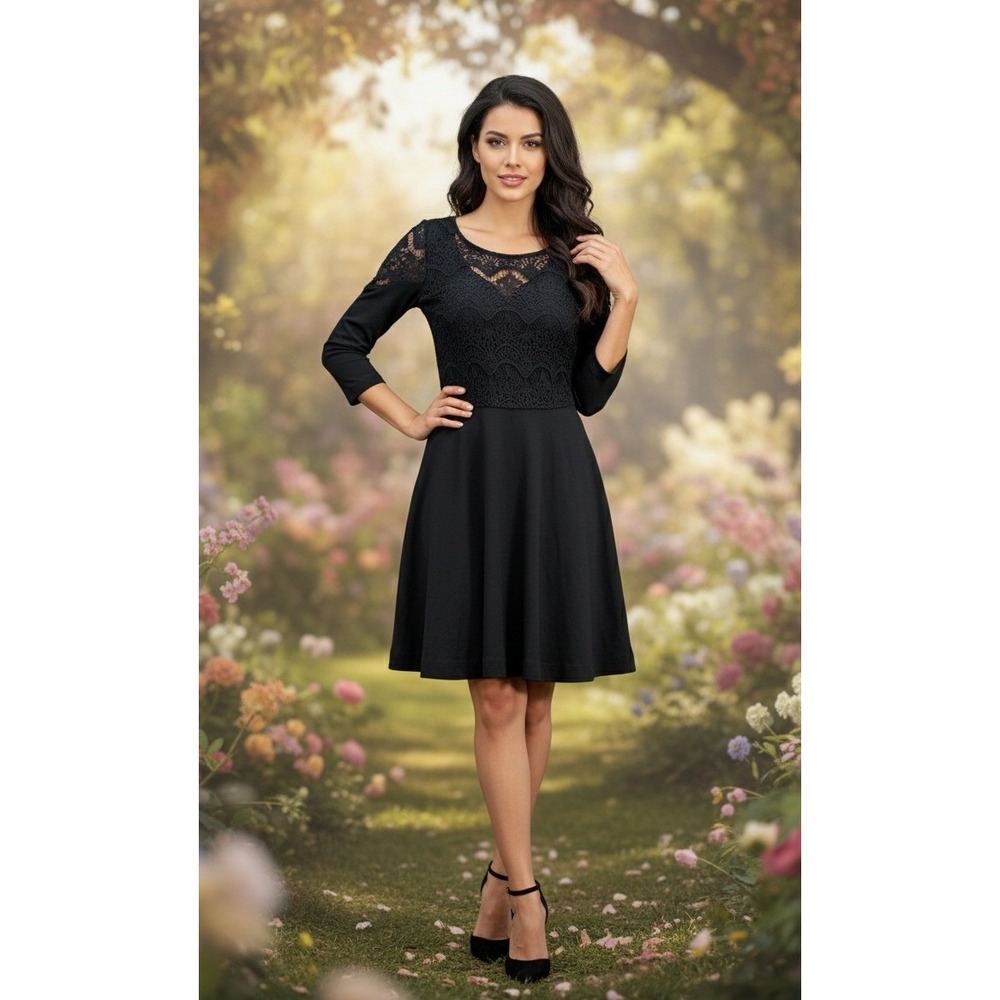 Lilly Pulitzer Black Lace Crochet Long Sleeve Dress Women's M Bodice Fit Flare